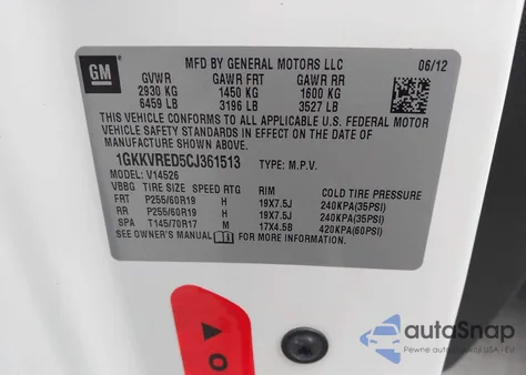 2012 GMC Acadia Slt-1 from USA, damaged, VIN 1GKKVRED5CJ361513